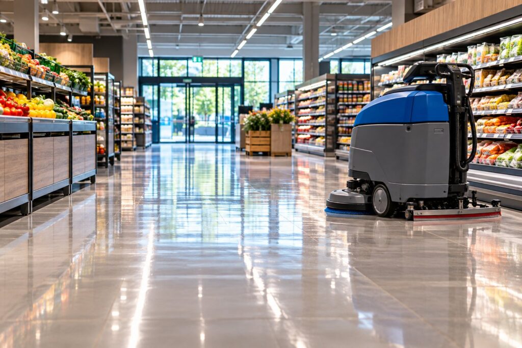 Bodenreinigung mit Scheuersaugmaschine im Discounter in Neuss